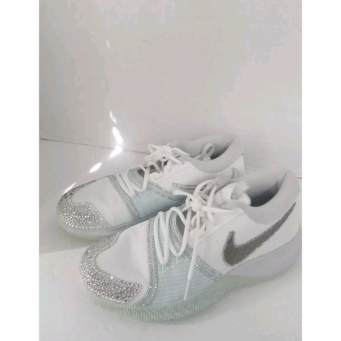 Nike Zoom Basketball Sneakers White Silver Rhinestone Custom Embellished Shoes